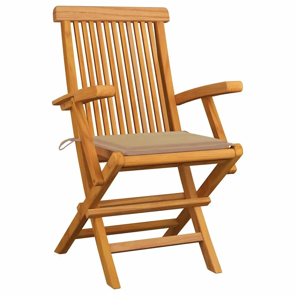 Teak Wood Outdoor Garden Chairs Set 3 Pieces Foldable Patio Seating with Beige Cushions