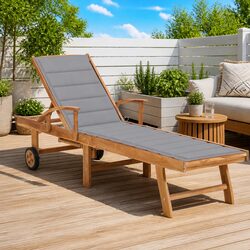 Sun Lounger Outdoor Daybed with Wheels Adjustable Backrest Grey Cushion Teak