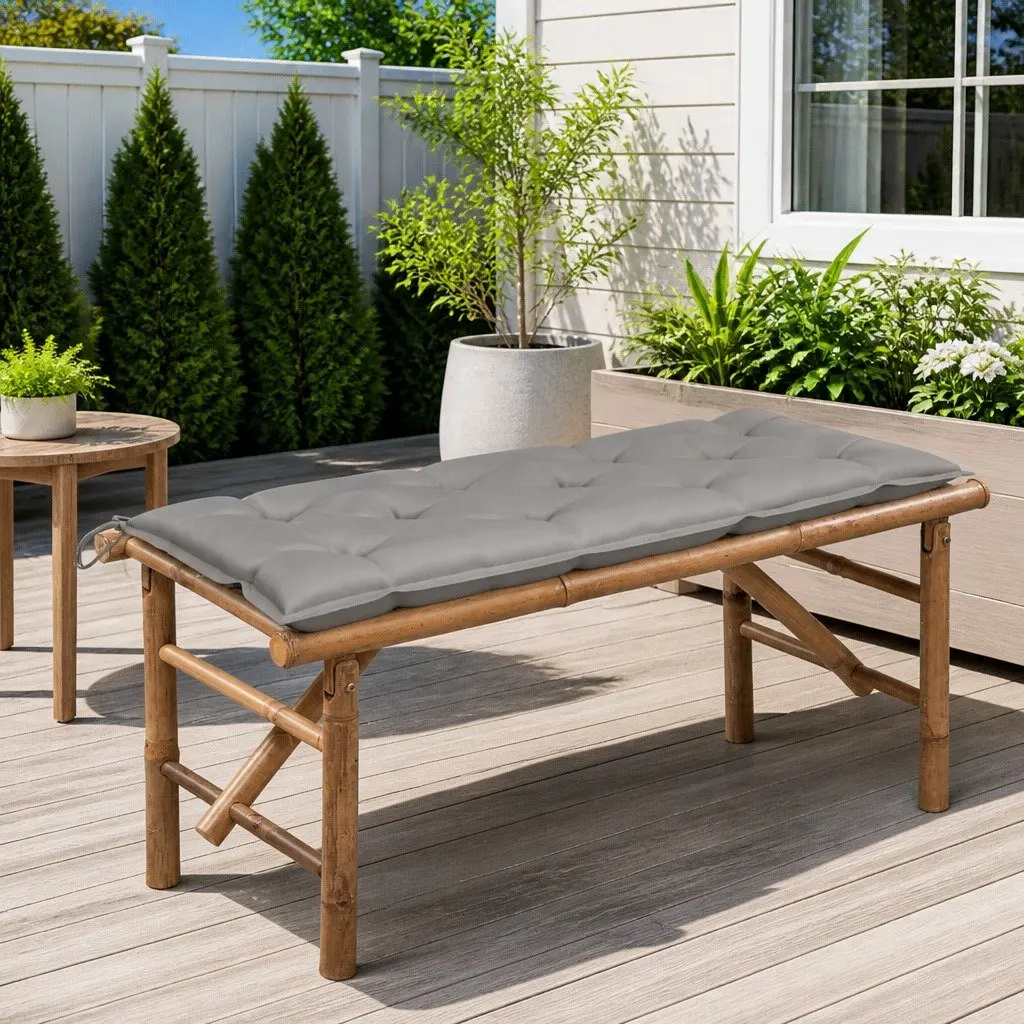 Folding Garden Bench 118cm Portable Bamboo with Grey Cushion