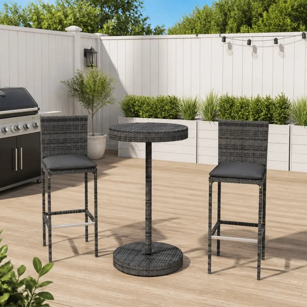 3 Piece Garden Bar Set Grey Outdoor Poly Rattan Bar Table and Stools with Cushions
