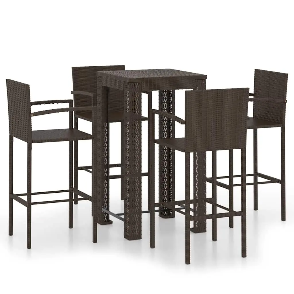 Outdoor Bar Set 5 Piece Brown Poly Rattan Armrest Bar Table and Stools