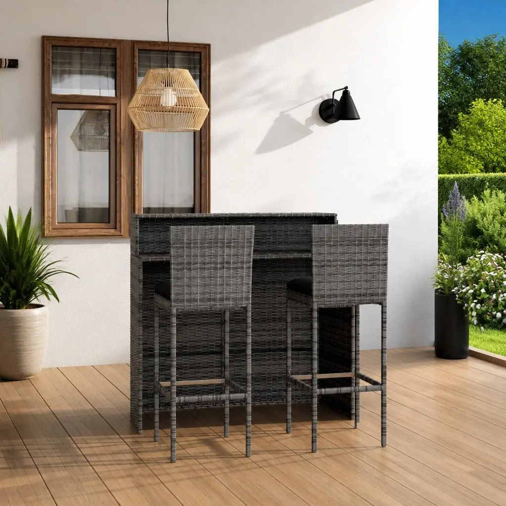3 Piece Garden Bar Set Grey Rattan Weather Resistant with Cushions