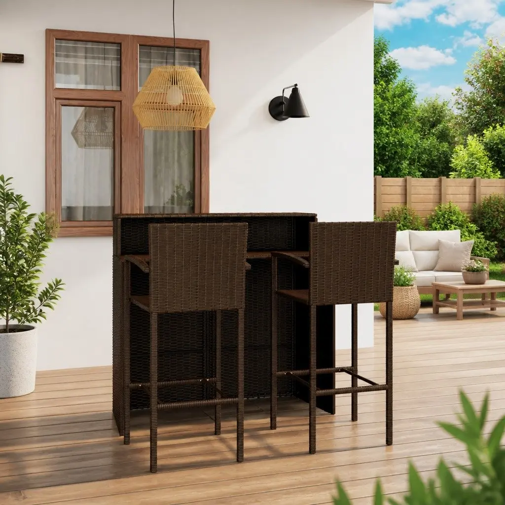 3 Piece Garden Bar Set Brown PE Rattan Outdoor Patio Furniture with Steel Frame