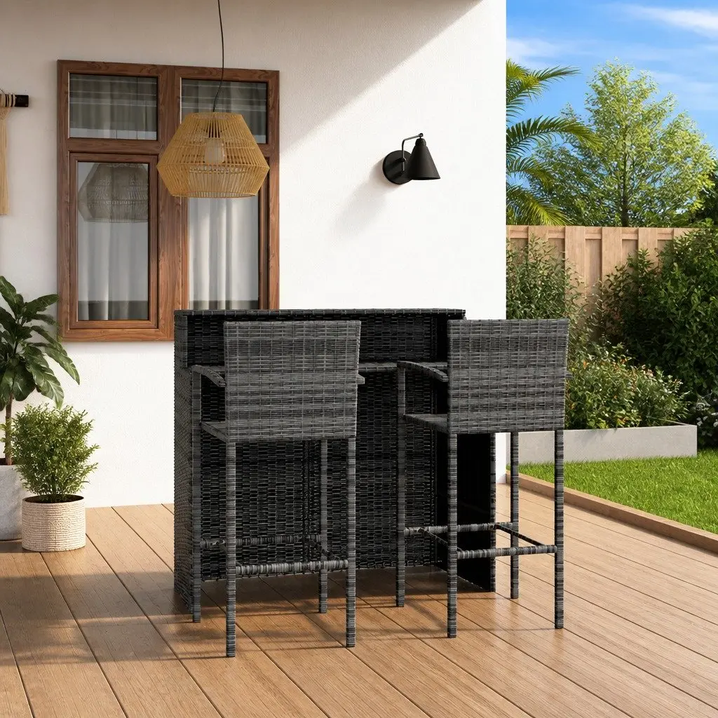 3 Piece Grey Rattan Bar Set Outdoor Patio Furniture with Table and Stools