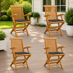 Patio Seating Set of 4 Teak Wood Chairs with Cushions