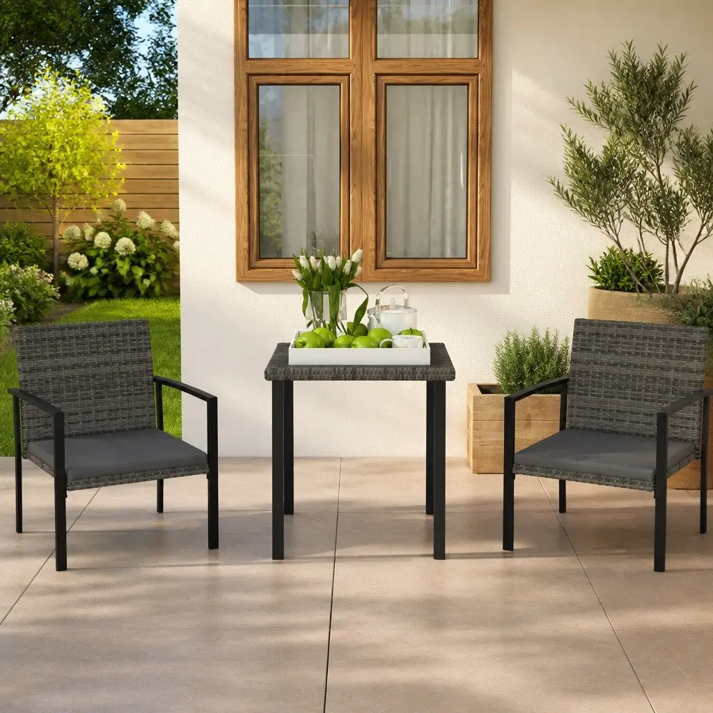 Garden Dining Set 3 Piece Grey Rattan Outdoor Furniture Table Chairs