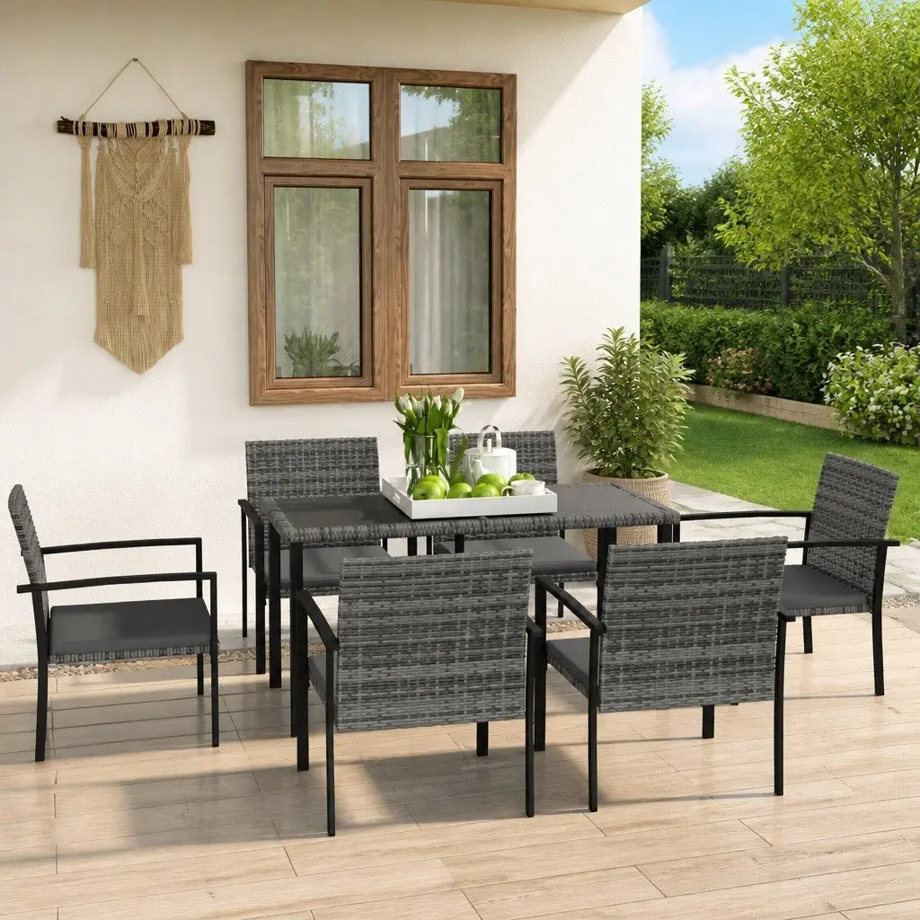 Outdoor Patio Dining Set 7 Piece Grey PE Rattan Table with Steel Frame and Cushions