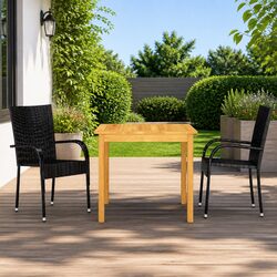 3 Piece Outdoor Garden Dining Set Black Acacia Wood Table Rattan Chairs