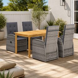 5 Piece Garden Dining Set Grey Acacia Wood Table Steel Frame Rattan Chairs