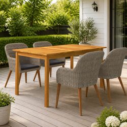 Outdoor 5-Piece Dining Set - Brown Rattan and Wood