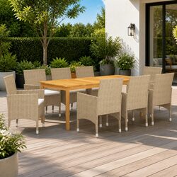 Beige Rattan 9-Piece Dining Set for Outdoor Enjoyment