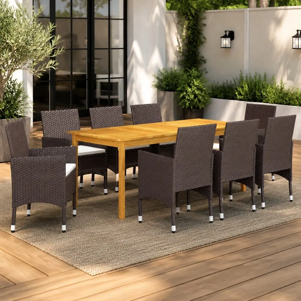 Garden Dining Set 9 Piece Brown Outdoor Table with Rattan Chairs and Cushions