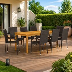 Outdoor 9-Piece Dining Set in Brown Acacia and Rattan