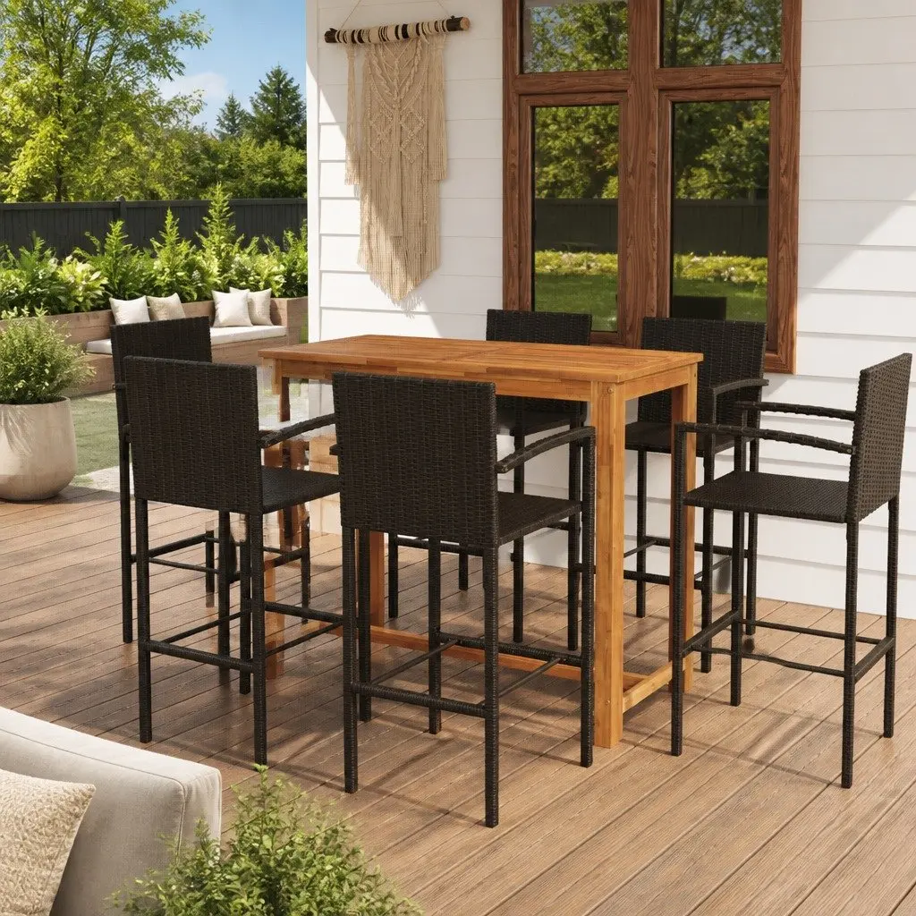 Outdoor Bar Set 7 Piece Weather Resistant Patio Dining Table and Stools Brown
