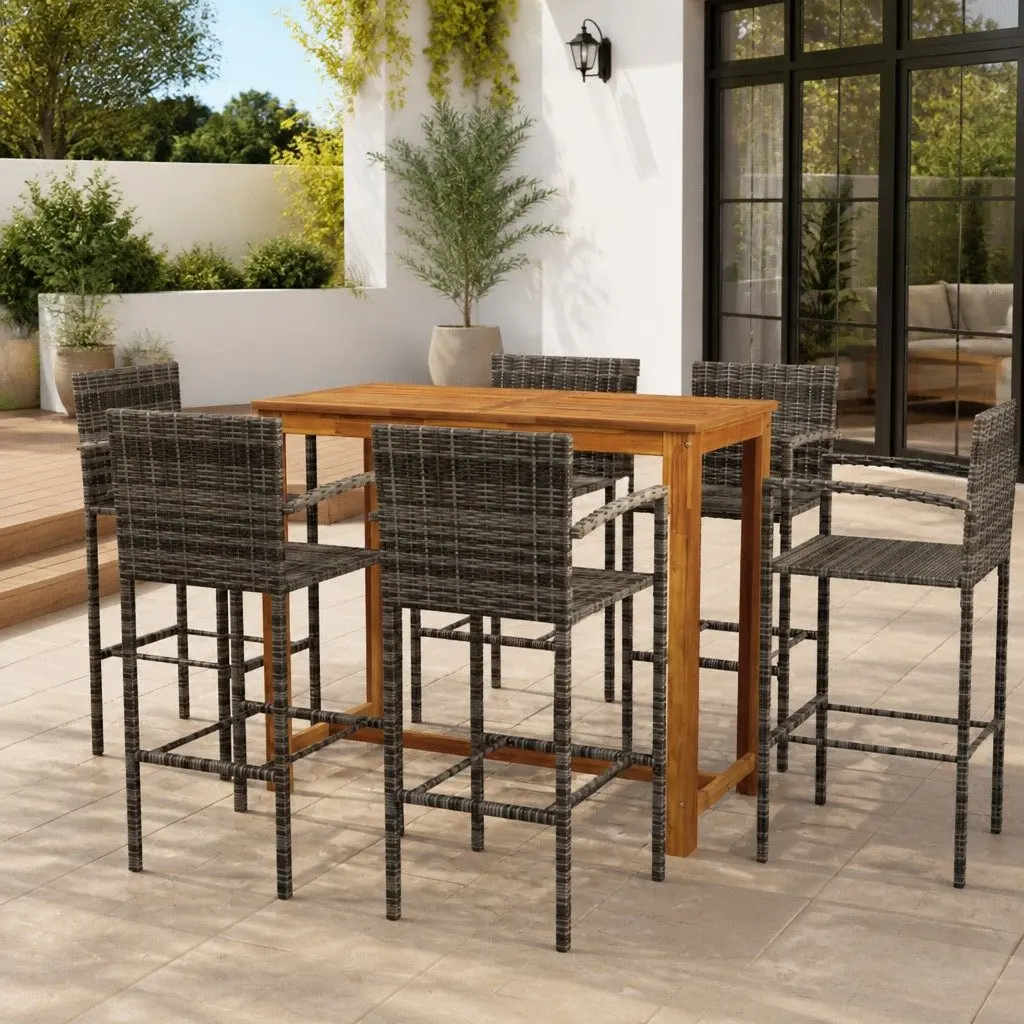 Outdoor Furniture Set 7 Piece Grey Rattan Stools with Acacia Wood Table for Garden Patio
