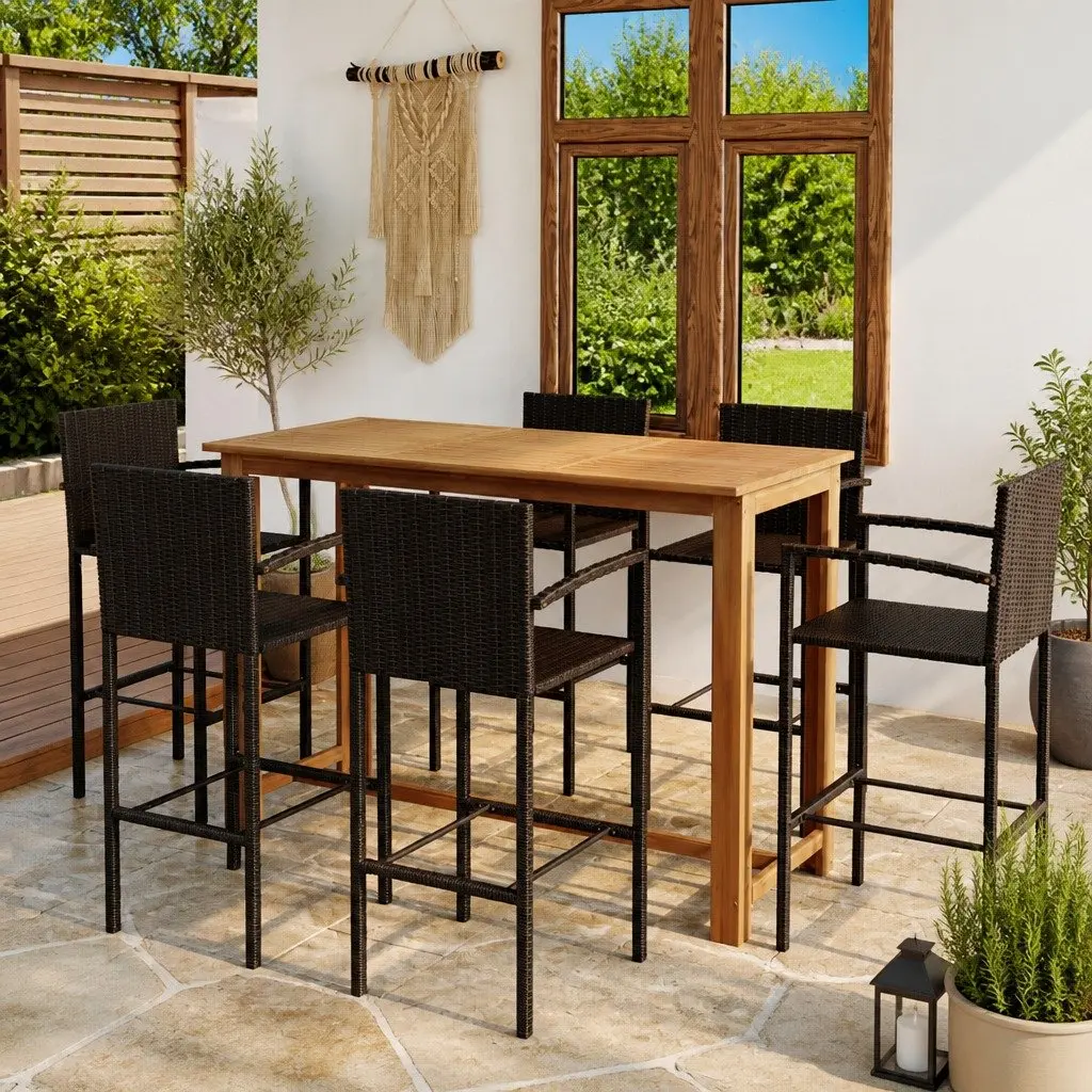 7 Piece Outdoor Garden Bar Set Brown Solid Acacia Wood Table with Weather-Resistant PE Rattan Stools