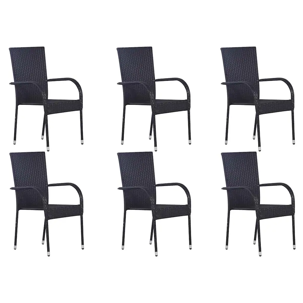 Outdoor Dining Set 7 Piece Acacia Wood Table Powder Coated Steel Chairs Black Weather Resistant Rattan