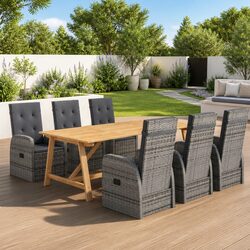 Garden Dining Set 7 Piece Outdoor Table Chairs Grey Rattan Acacia Wood