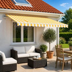 Manual Retractable Awning with Posts 3x2.5m Yellow White Patio Canopy Shade
