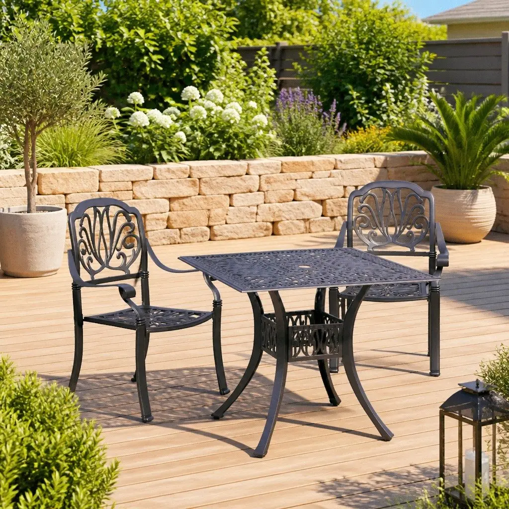 3 Piece Outdoor Bistro Set Cast Aluminium Black Table with Umbrella Hole and Chairs