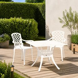 3 Piece Outdoor Bistro Set Cast Aluminium White Patio Chairs Table Umbrella Hole