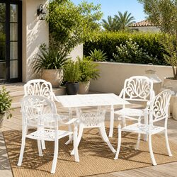 5 Piece Outdoor Bistro Set Cast Aluminium White Patio Furniture Table Chairs