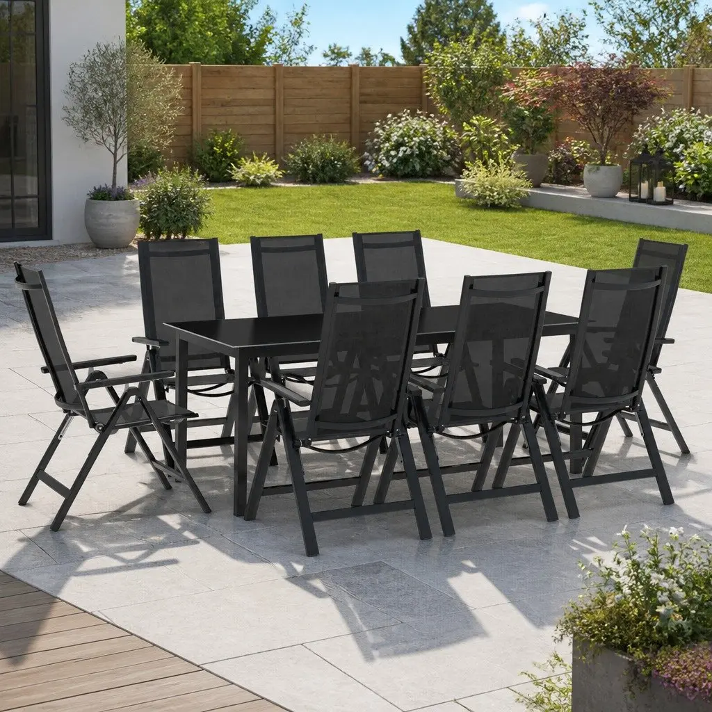 9 Piece Garden Dining Set Outdoor Furniture with Adjustable Chairs and Easy Clean Glass Table in Anthracite