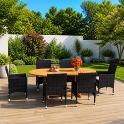 7 Piece Garden Dining Set Outdoor PE Rattan Steel Frame Acacia Wood Table Chairs