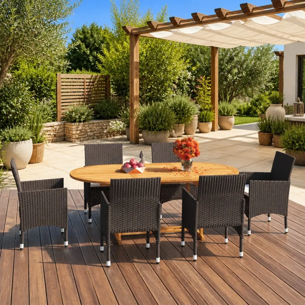 Garden Dining Set 7 Piece Brown Outdoor Furniture Rattan Table Chairs Cushions