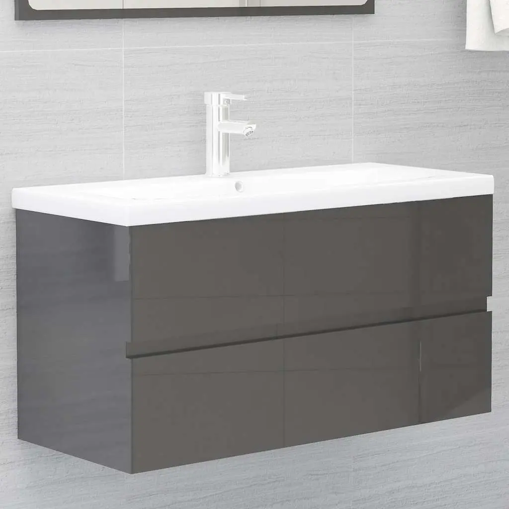 Bathroom Furniture Set Grey Sink Cabinet Ceramic Basin Mirror Storage Drawer