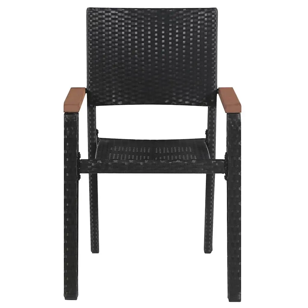 7 Piece Garden Dining Set Black Acacia Wood Table Steel Frame Chairs PE Rattan