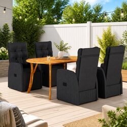 5 Piece Outdoor Garden Dining Set Black Acacia Wood Table Rattan Chairs