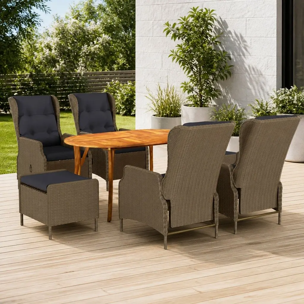 7 Piece Garden Dining Set Brown Acacia Wood Table Weather Resistant Rattan Chairs Outdoor