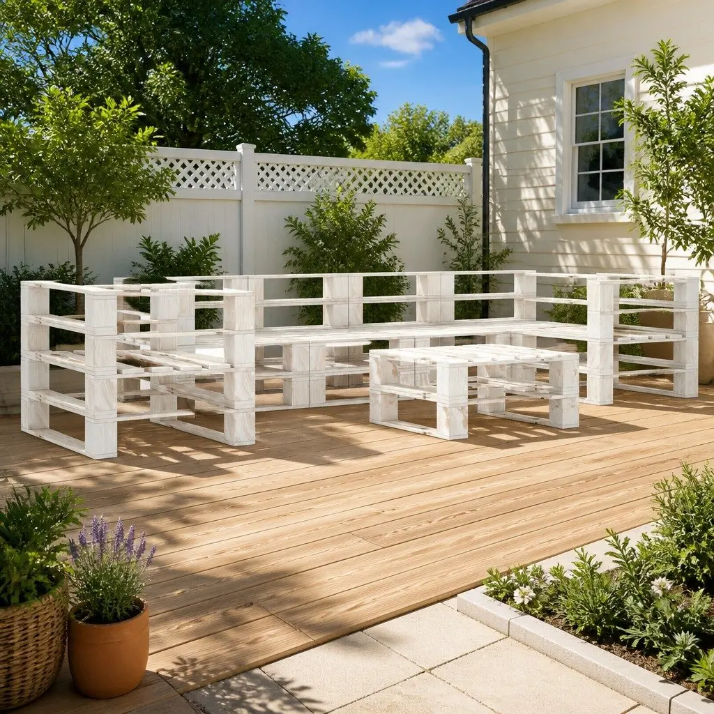 7 Piece Garden Pallet Lounge Set White Outdoor Sofa Coffee Table