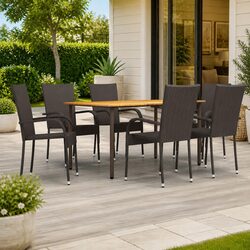 7 Piece Garden Dining Set Outdoor Furniture Poly Rattan Steel Acacia Wood Table