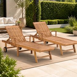 Garden Sun Lounger Set in Solid Teak with Wheels