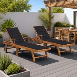 2 Pcs Outdoor Daybed Set – Teak Wood Loungers with Cushions