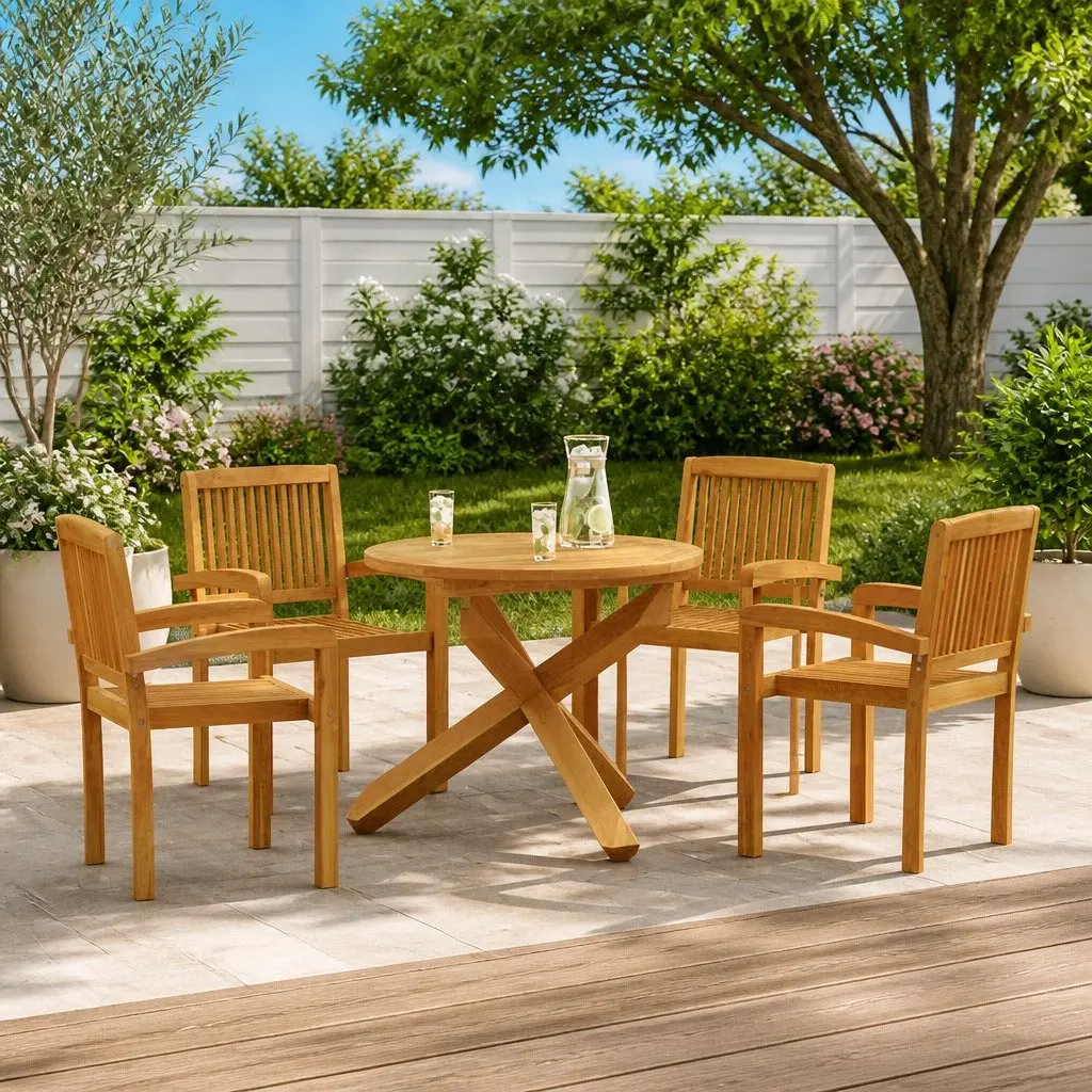 5 Piece Garden Dining Set Solid Teak Wood Brown Outdoor Patio Furniture Stackable Chairs