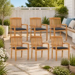 Set of 6 Cushioned Stacking Garden Chairs in Teak Wood