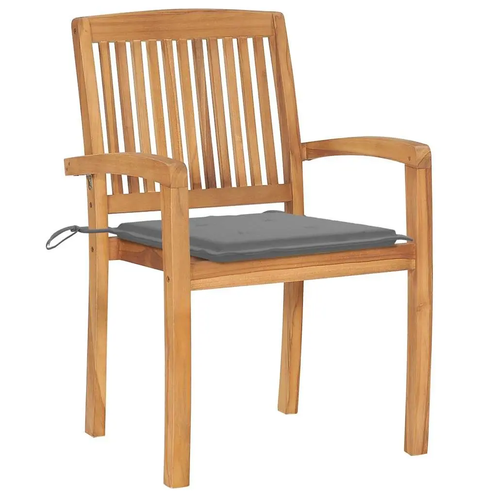 Stacking Garden Chairs 8 Pieces Solid Teak Wood Grey Cushions Outdoor Indoor Use