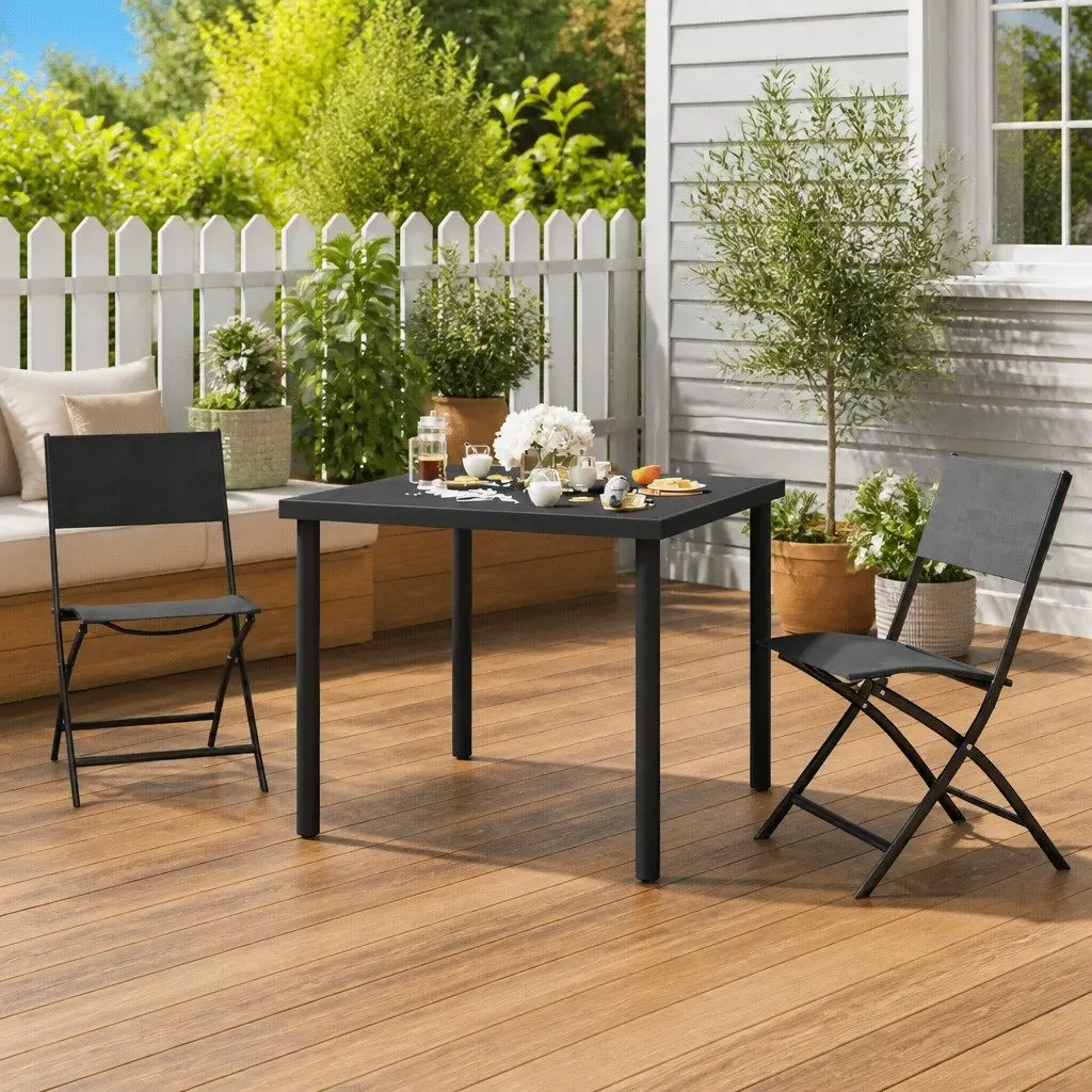 3 Piece Outdoor Dining Set Steel Frame Stackable Chairs Black