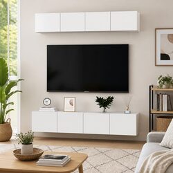 Wall Mounted TV Cabinet Set 4 pcs White Storage Unit Engineered Wood Shelving