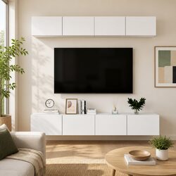 White TV Cabinet Set 4 Pieces Wall Mounted Storage Unit Engineered Wood