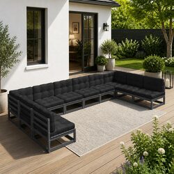 Garden Lounge Set 10 Piece Outdoor Furniture Black Solid Wood Sofa with Cushions