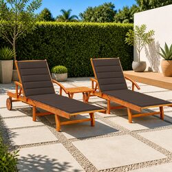 Sun Lounger Set 2 pcs with Table Cushions Solid Acacia Wood Outdoor Garden
