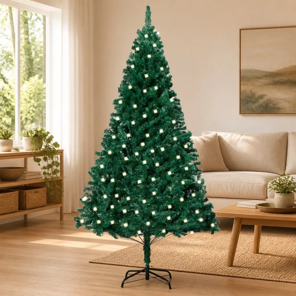 Artificial Christmas Tree 240cm Green Pre-lit with Extra Thick Branches Adjustable LED Lights