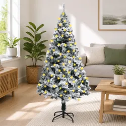 Artificial Pre-lit Christmas Tree Flocked Snow Green 180cm Holiday Decoration