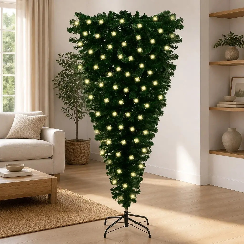 Upside-Down Artificial Christmas Tree 150cm Green Pre-Lit Adjustable Branches