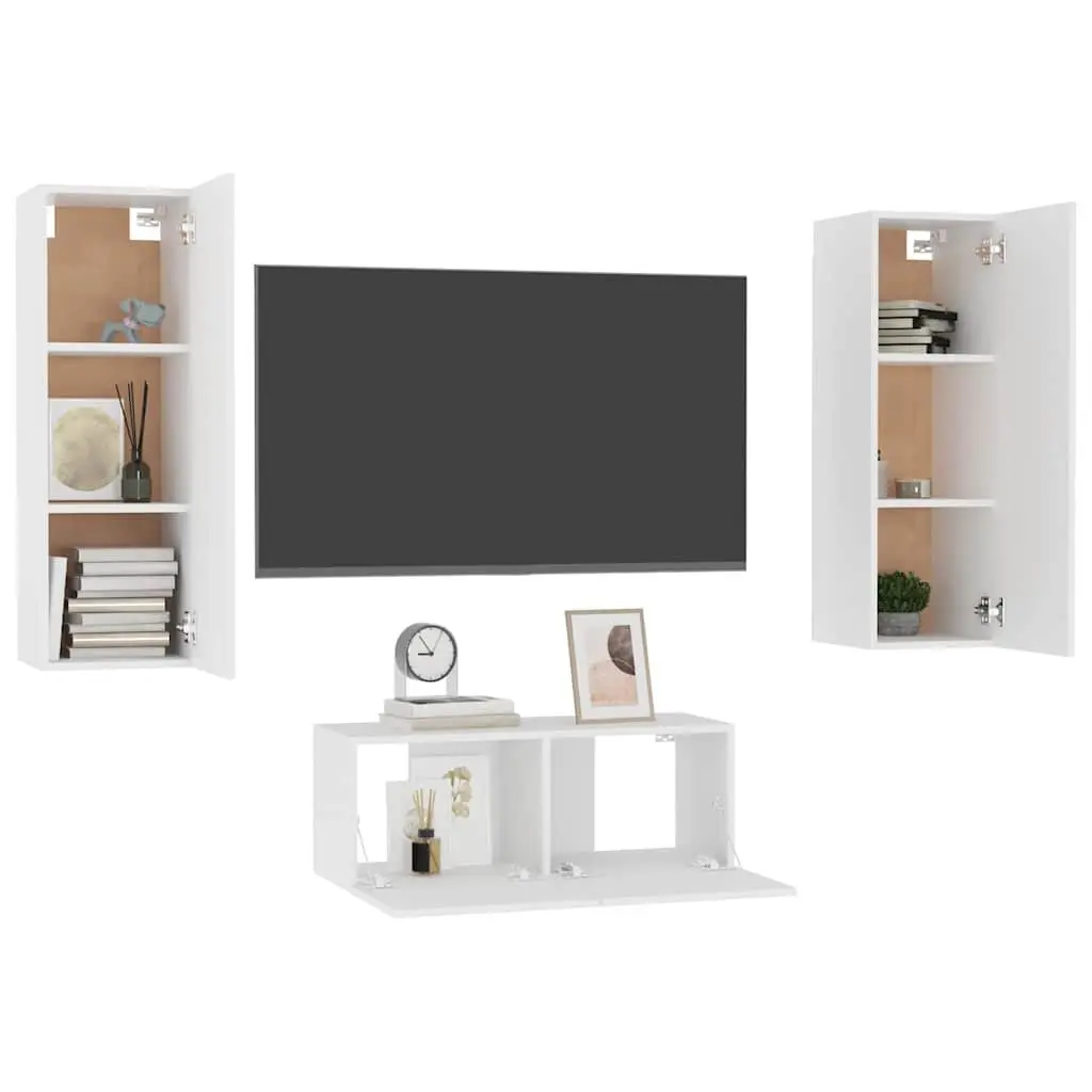 TV Cabinet Set 3 Piece Wall Mount Storage Unit White Engineered Wood