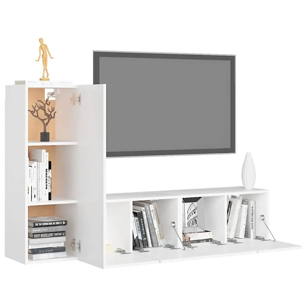 3 Piece Engineered Wood White Wall Mounted TV Cabinet Set with Storage Shelves